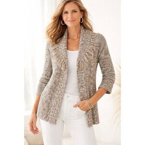 Chico’s Fringe Trim Textured Open Front Cardigan Neutral Taupe Size 3 (XL)